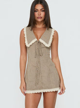 Mayci Collared Lace Trim Romper Brown Check