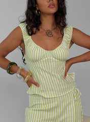 With Pleasure Puff Sleeve Linen Blouse Top Green / Blue Stripe