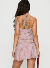 Zatana Halter Ruched Mini Dress Purple Multi